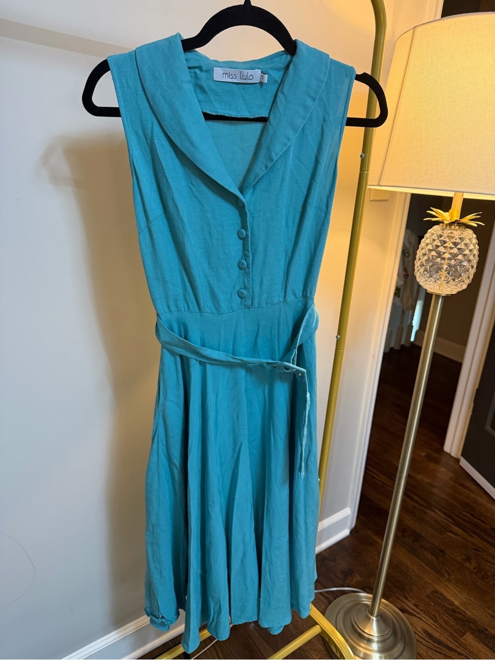 Miss Lulo Teal Sleeveless Midi Dress with Self-Tie Waist